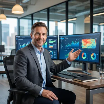 Retail business intelligence consultant analyzing sales dashboards and data visualizations on multiple screens