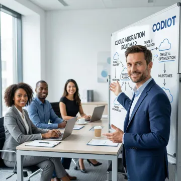 Cloud consultant presenting a step-by-step migration roadmap on a whiteboard to a business team