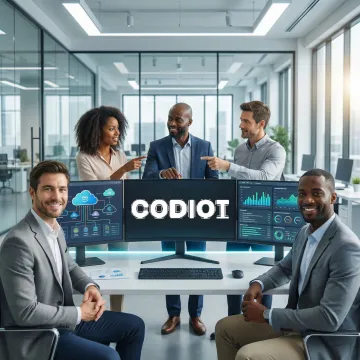 Cloud consulting professionals reviewing cloud architecture diagrams on multiple screens