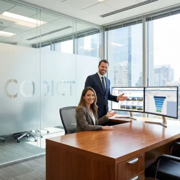 Salesforce CRM dashboard displayed on a screen in a commercial real estate office environment