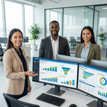 Analytics team reviewing marketing performance data on screens in a collaborative office setting
