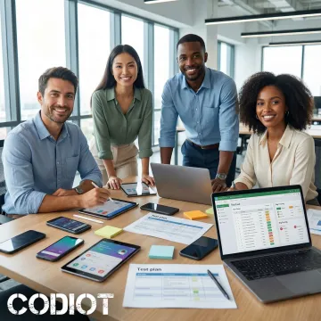 QA team collaborating on mobile application test planning with devices and documentation