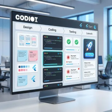 Flutter app development process from design to deployment on a digital workflow board