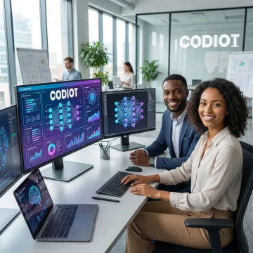 Data scientists and AI consultants collaborating around data visualizations and dashboards