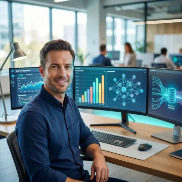 Big data consultant analyzing large datasets on multiple screens in a modern office