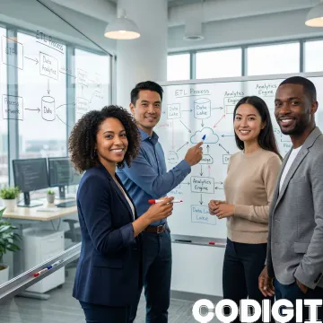 Data engineering team reviewing big data pipeline architecture on a whiteboard