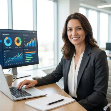 Business analyst reviewing colorful data charts and dashboards on a laptop screen
