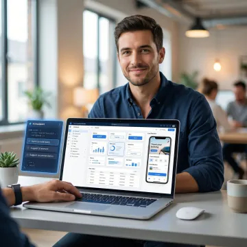 Developer using an AI-powered low-code app builder platform on a laptop