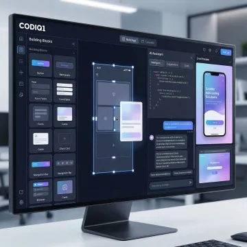 AI-powered low-code platform dashboard showing app components and logic builder