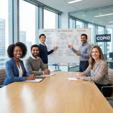 Step-by-step compliance consulting process illustrated on a whiteboard with a team