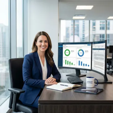 Technology consultant reviewing regulatory compliance frameworks on a digital dashboard