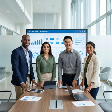 Government officials using digital workflow automation software on screens in a modern public sector office