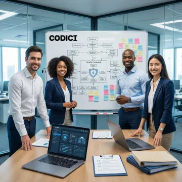 Cybersecurity compliance team working through a structured assessment process on a whiteboard