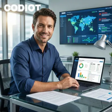 Cybersecurity compliance consultant reviewing regulatory frameworks on a laptop in a modern office