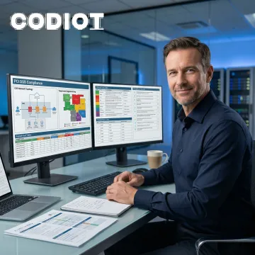 PCI DSS compliance consultant reviewing security controls on a laptop with cardholder data environment diagrams