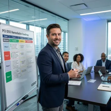 PCI compliance expert presenting a cardholder data environment compliance roadmap to a business team