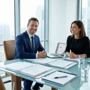 Compliance consultant reviewing regulatory documents with a client in a professional office setting