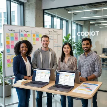 Software development team following an agile sprint process on a digital product