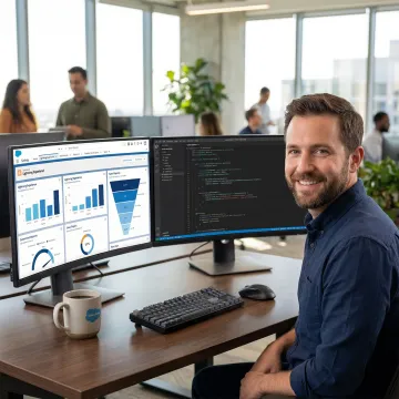 Developer customizing Salesforce CRM dashboard on a computer screen