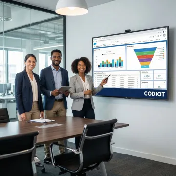 Business team reviewing custom Salesforce CRM dashboards on a large monitor