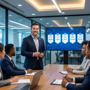 Cybersecurity consultant presenting a structured enterprise resilience framework on a digital whiteboard
