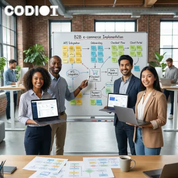 Development team following a structured B2B commerce implementation process on whiteboards and laptops