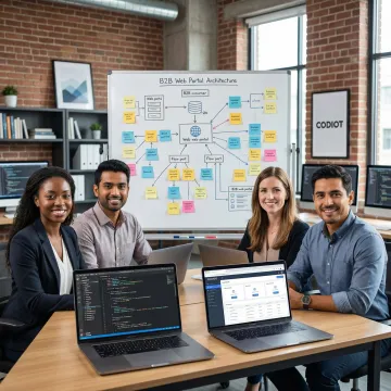 Software development team planning a B2B portal project on a whiteboard