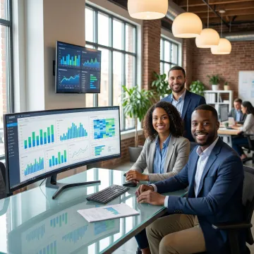 Data analytics professionals reviewing dashboards and data visualizations on large monitors in a modern office.