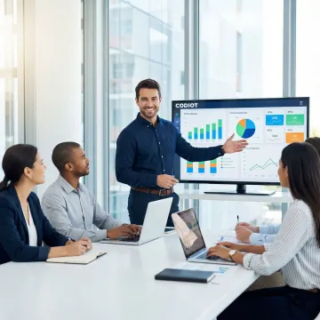 Data analyst presenting business intelligence insights to a team using data dashboards.