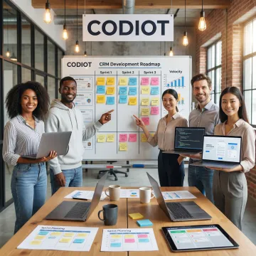 Software development team collaborating on a CRM project roadmap