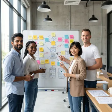 UX design team collaborating on a user flow diagram and prototype on a whiteboard