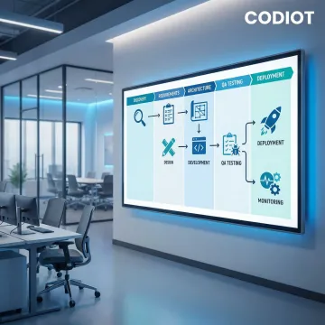 Software development process workflow showing design, coding, and deployment stages
