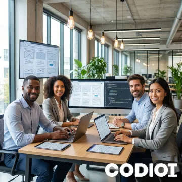 Team collaborating on a custom web development project with wireframes and code on screen