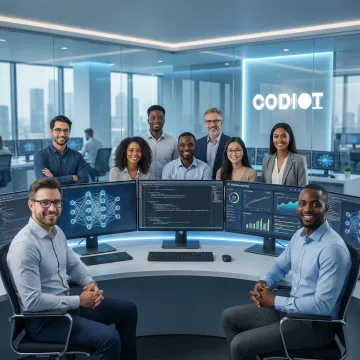 AI developers collaborating on custom artificial intelligence solutions at modern workstations