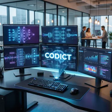 Illustration of custom AI development process with data flows and machine learning model diagrams