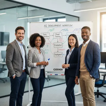 Step-by-step generative AI development process diagram with team collaboration