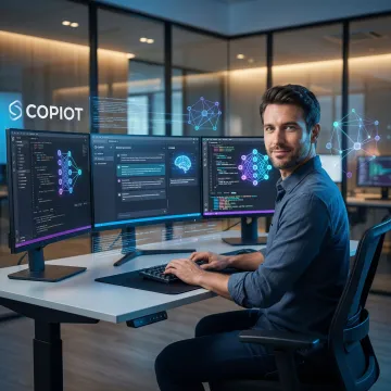 Generative AI development services illustration showing neural network and code interface