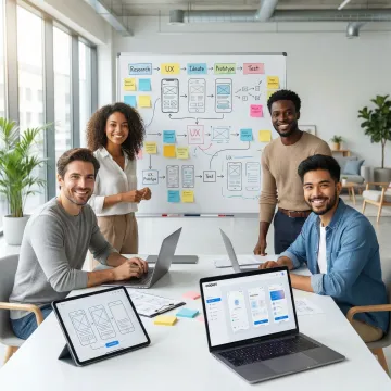 Design team collaborating on UI/UX process steps using sticky notes and a whiteboard