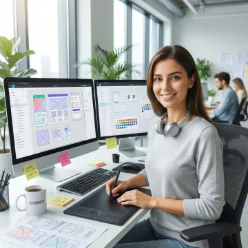 UI/UX designer working on wireframes and interface prototypes on a large screen