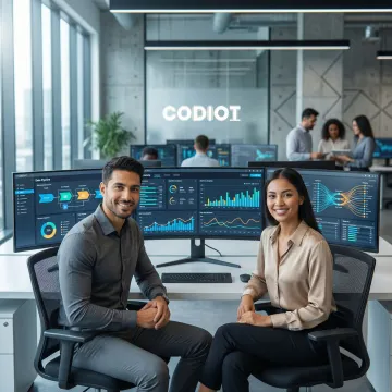 Data engineering team analyzing complex data pipelines on large monitors