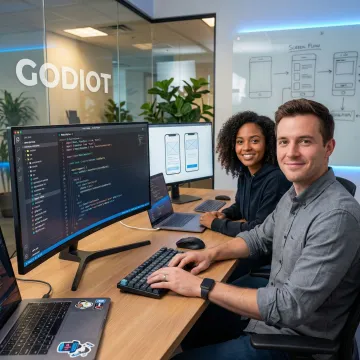 Developers working on React Native mobile app development on dual screens