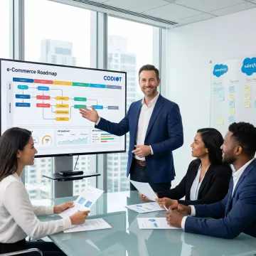 Salesforce Commerce Cloud consultant presenting a customized e-commerce solution to a client