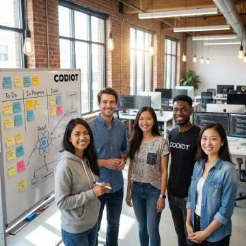 Agile development team planning a ReactJS project on a whiteboard