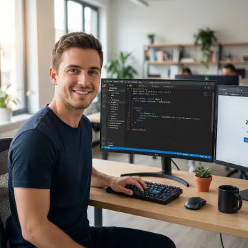 ReactJS developer writing component-based code on a modern workstation