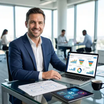 Salesforce integration consultant reviewing CRM dashboard on a laptop with workflow automation diagrams