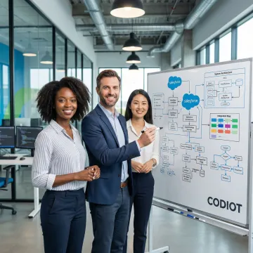 Salesforce implementation team collaborating on workflow diagrams and system architecture on a whiteboard