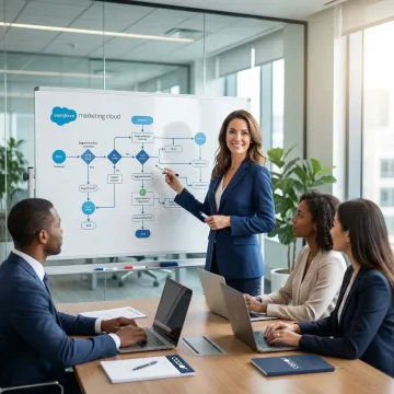 Salesforce Marketing Cloud expert presenting a customer journey strategy to a business team