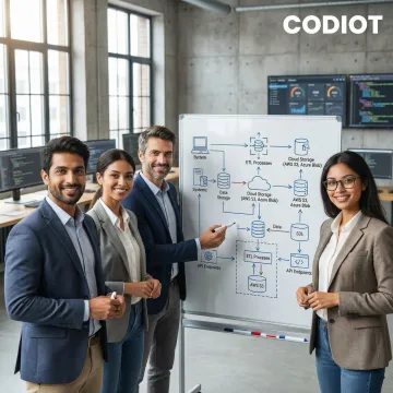 Data engineering team collaborating on pipeline architecture and deployment process