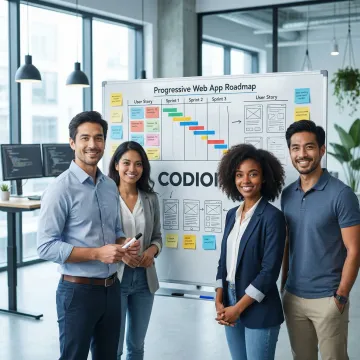 Development team reviewing PWA project roadmap on a whiteboard in a modern office