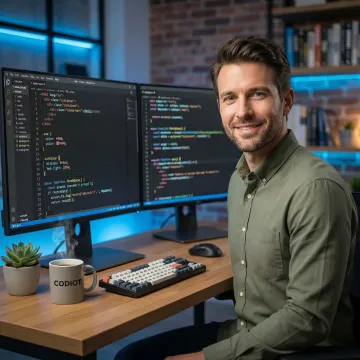 Skilled PWA developer writing code for a progressive web application on a modern workstation